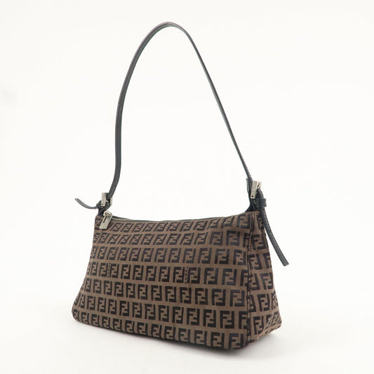 FENDI Zucchino Canvas Leather Pouch Hand Bag Brown 8BR156