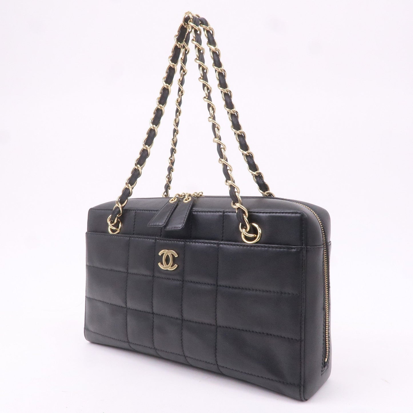 CHANEL Chocolate Bar Lamb Skin Chain Shoulder Bag Black
