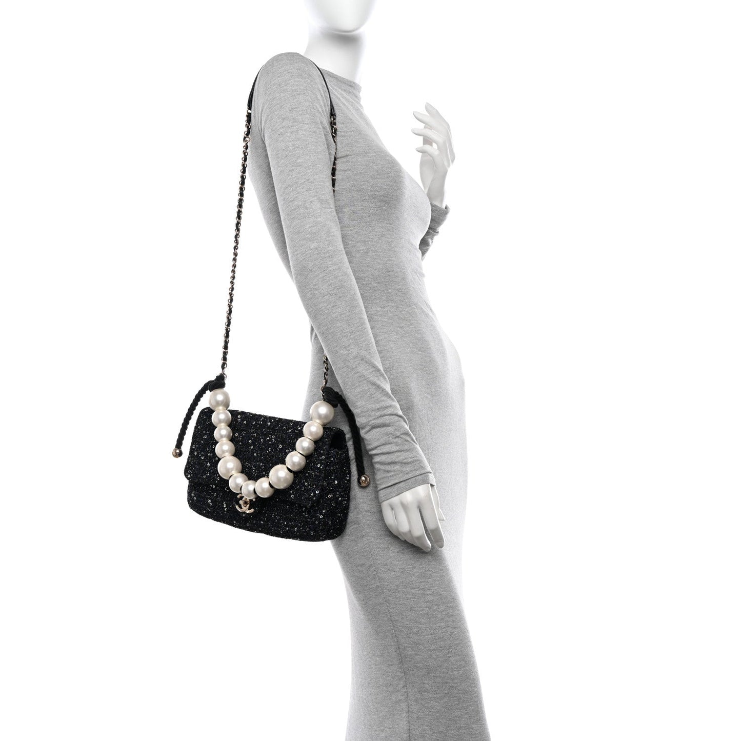 Amelia Tweed Medium Pearl Handle Flap Black Ecru