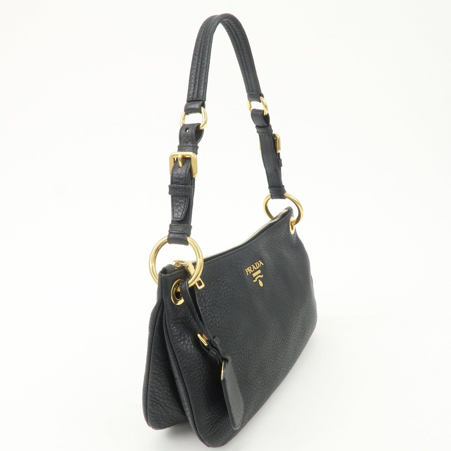 PRADA Logo Leather One-Shoulder Bag Hand Bag Black Gold Hardware  d