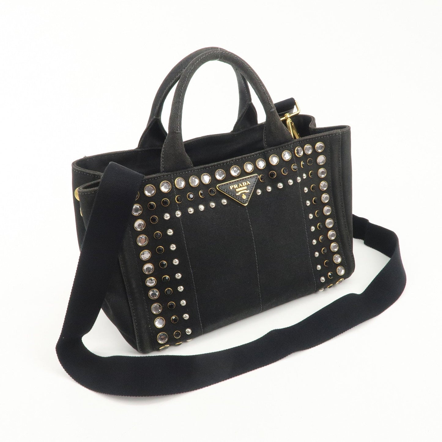 PRADA Mini Canapa Bijou Studs Canvas 2Way Bag Black B24390  d