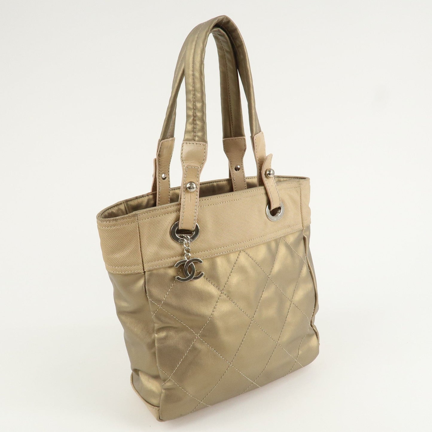 CHANEL Paris Biarritz Coating Canvas Leather Tote Bag PM Gold  d