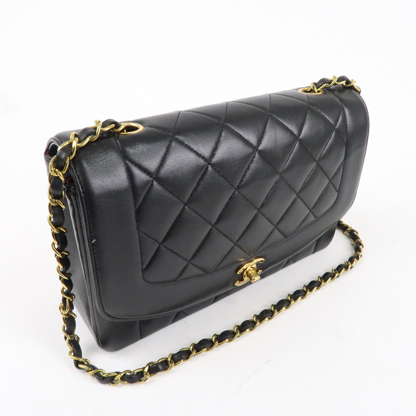 CHANEL Matelasse Lambskin Diana Chain Shoulder Bag Black A01165