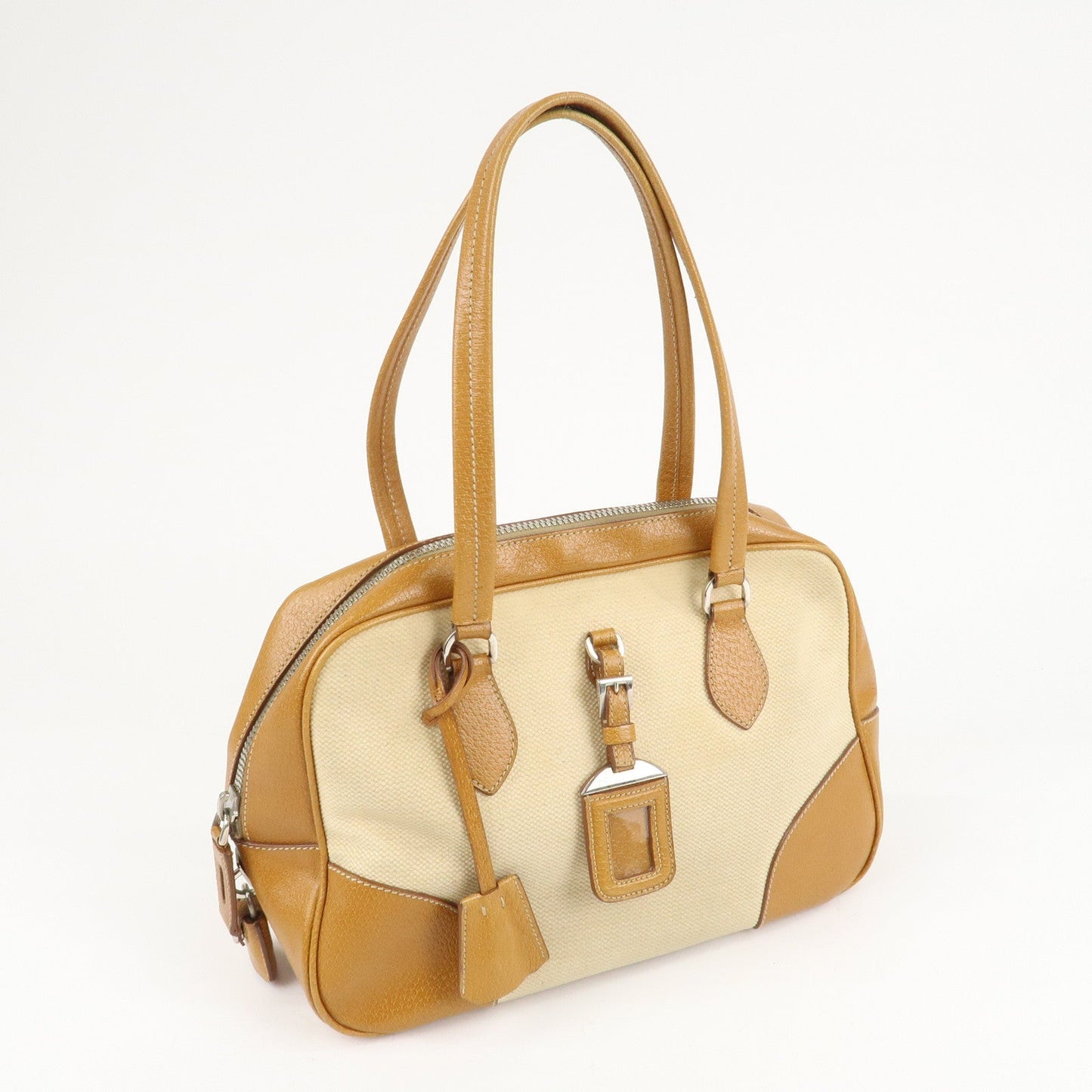 PRADA Canvas Leather Triangle Logo Boston Bag Ivory Brown  d