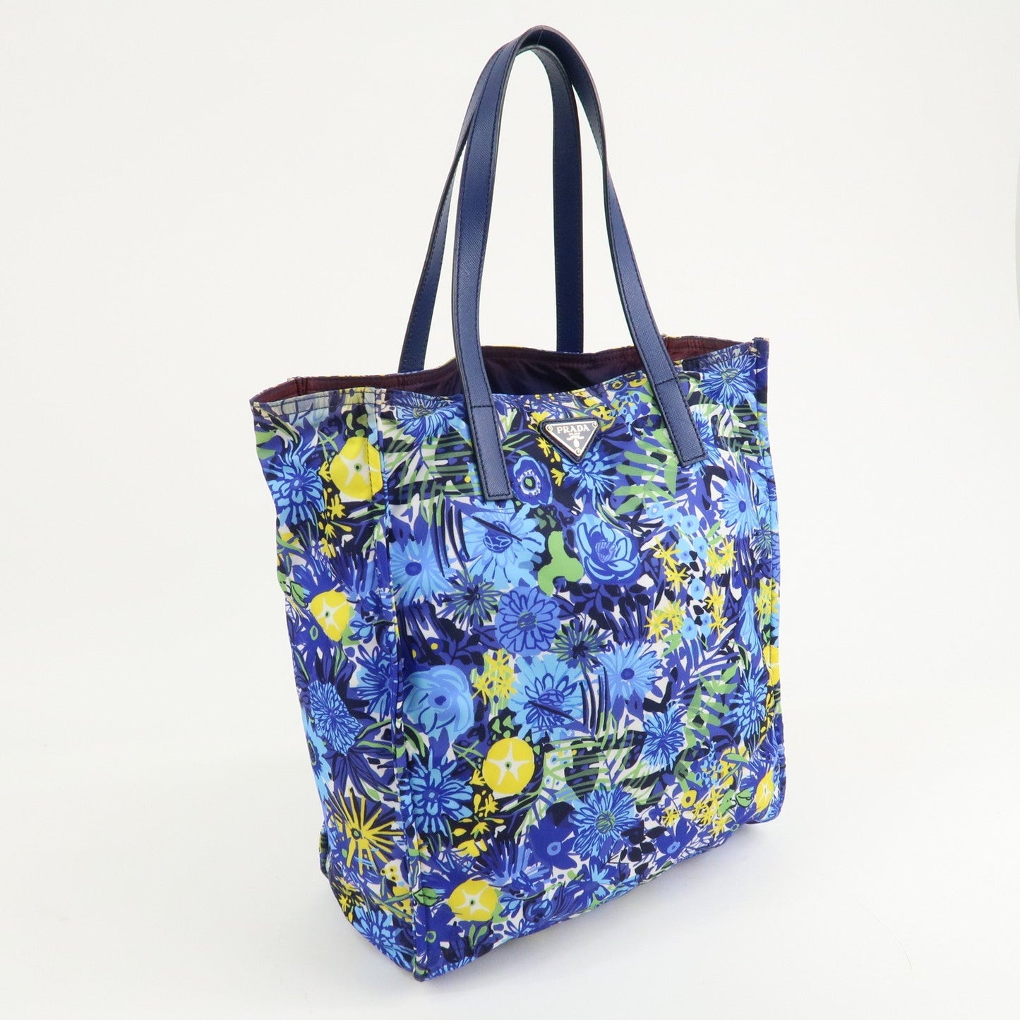 PRADA Logo Nylon Leather Tote Bag Floral Print Blue BN2851  d