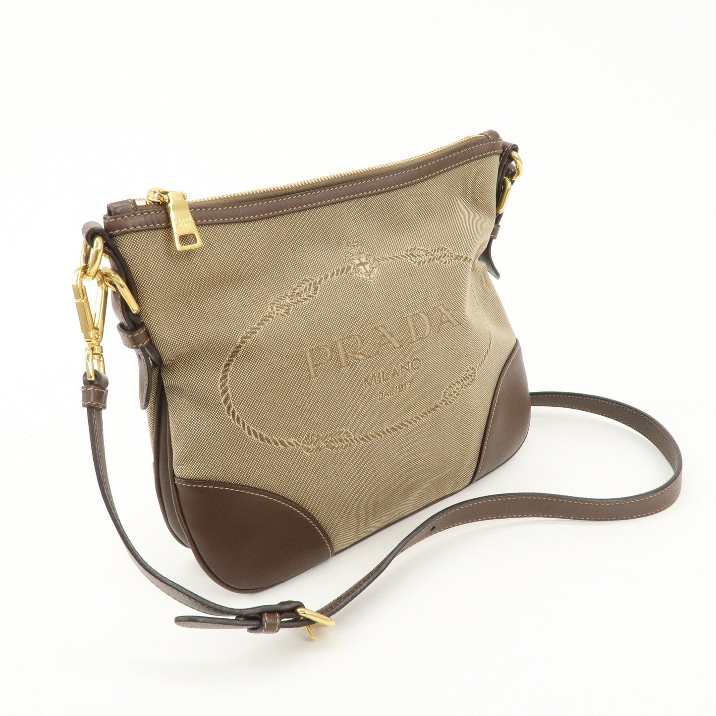 PRADA Logo Jaguard Leather Shoulder Bag Crossbody Bag Beige Brown  d