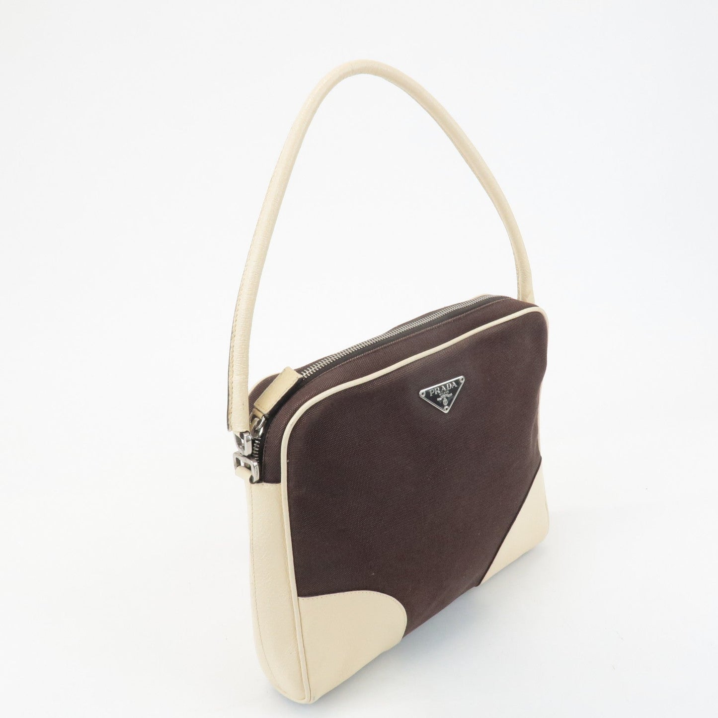 PRADA Triangle Logo Canvas Leather Shoulder Bag Brown Ivory  d