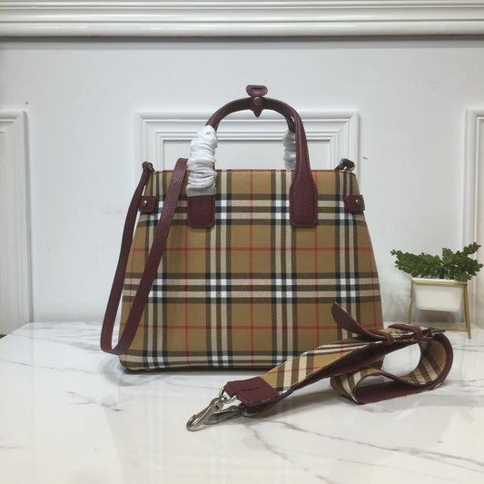B-Berry - BB  House Check Derby Medium Banner Purse Tote Purple For Women, Women’s Bags 14in/35cm