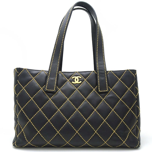 Chanel Tote Bag Wild Stitch Calf Black x Gold Metal Fittings