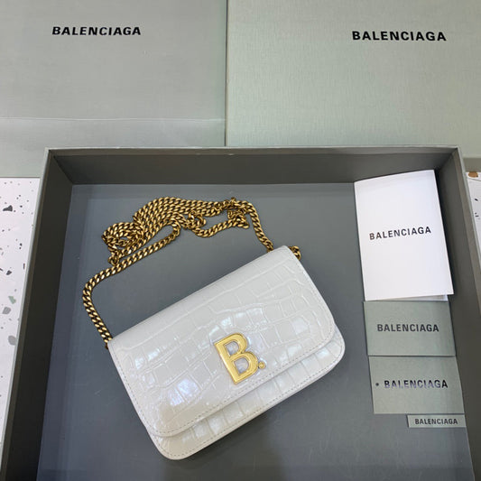 BLN-Ciaga Croc Embossed Patent B Bag With Chain In White, For Women,  Bags 7.9in/20cm