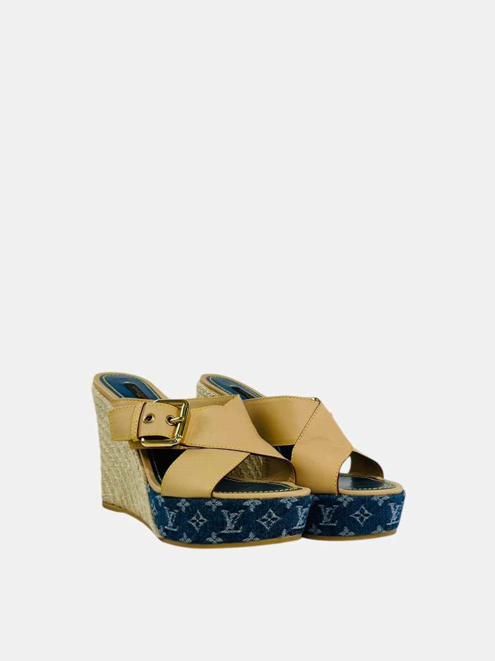 LOUIS VUITTON Beige & Blue Monogram Size EU 38.5 Wedges