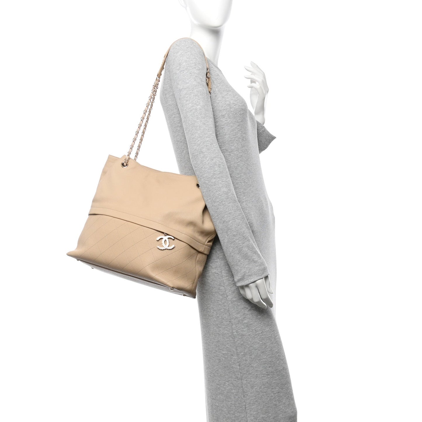 Amelia Caviar Stitched Shopping Tote Beige