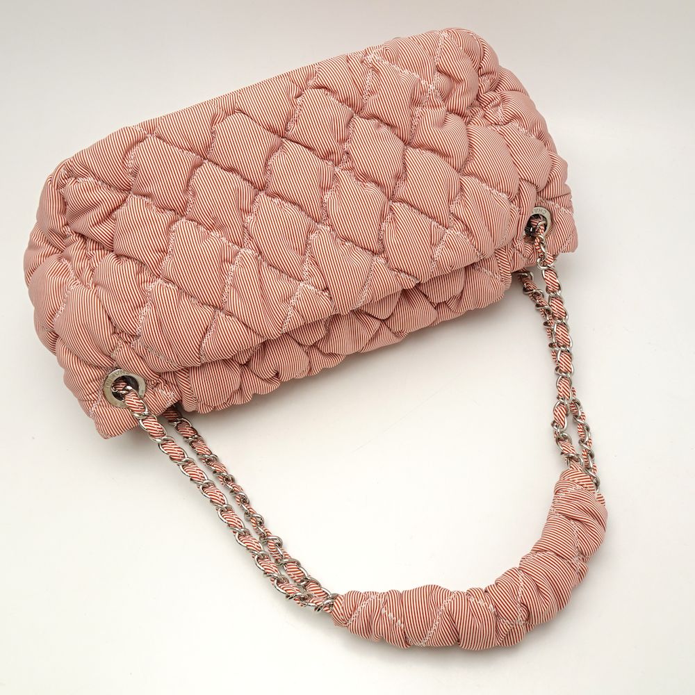 Chanel Bubble Quilt Chain Tote Bag Nylon Canvas Stripe Red