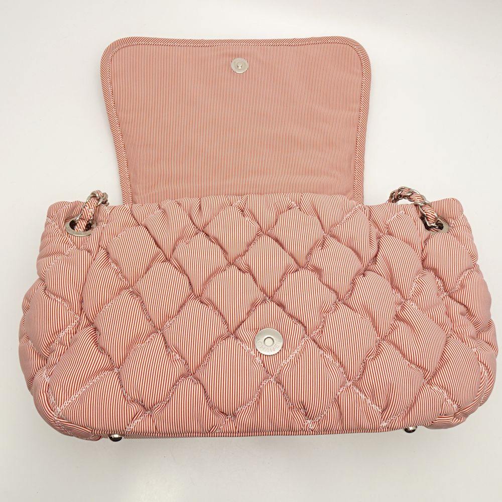 Chanel Bubble Quilt Chain Tote Bag Nylon Canvas Stripe Red