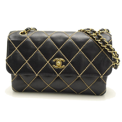 Chanel Chain Shoulder Bag Wild Stitch Leather Black