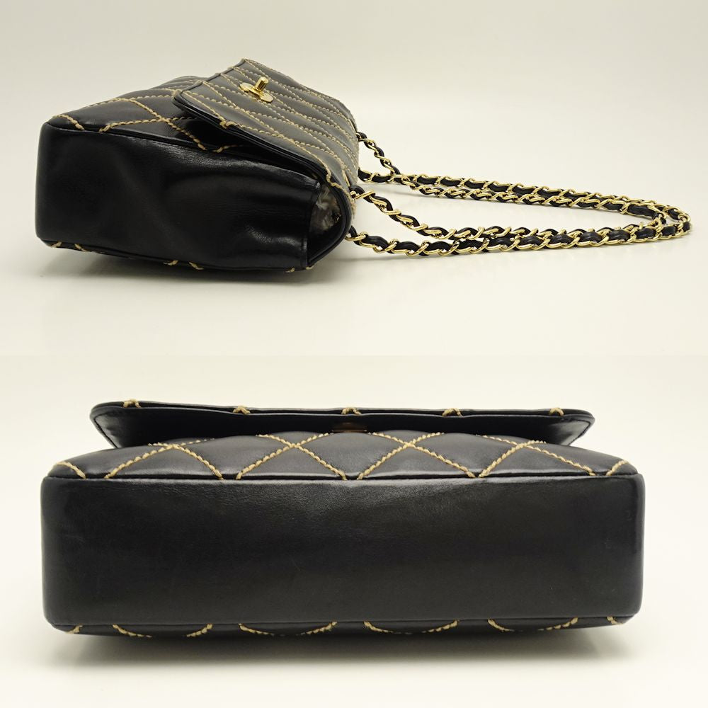 Chanel Chain Shoulder Bag Wild Stitch Leather Black