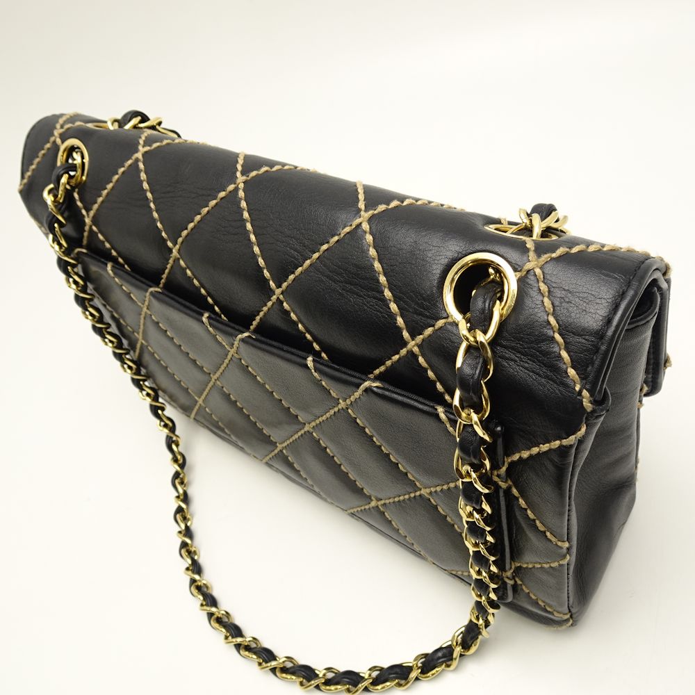 Chanel Chain Shoulder Bag Wild Stitch Leather Black