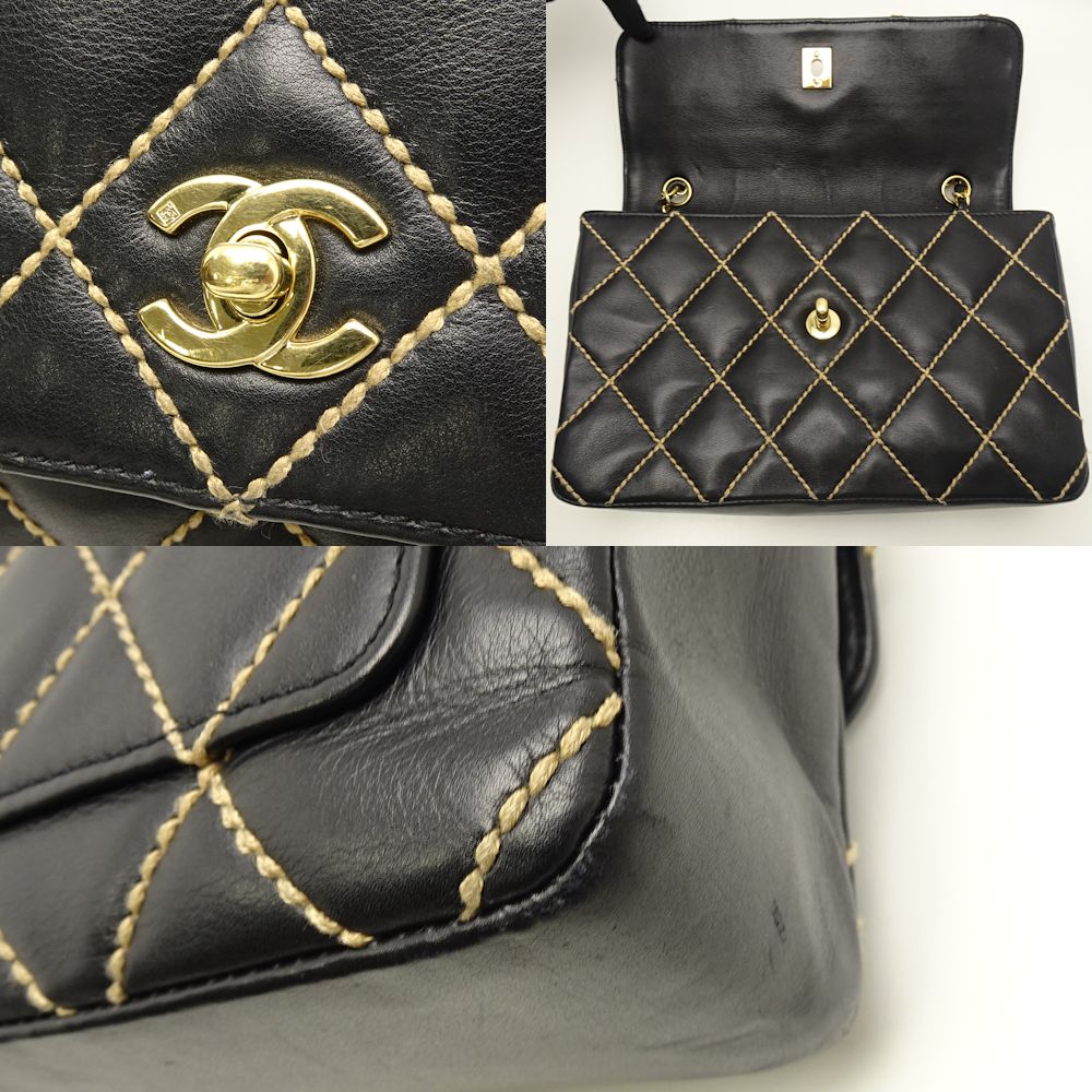 Chanel Chain Shoulder Bag Wild Stitch Leather Black