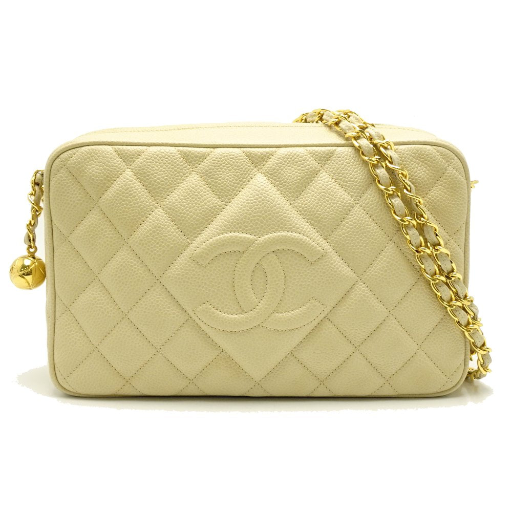 Chanel Chain Shoulder Bag Diagonal Matelasse Caviar Skin Ivory