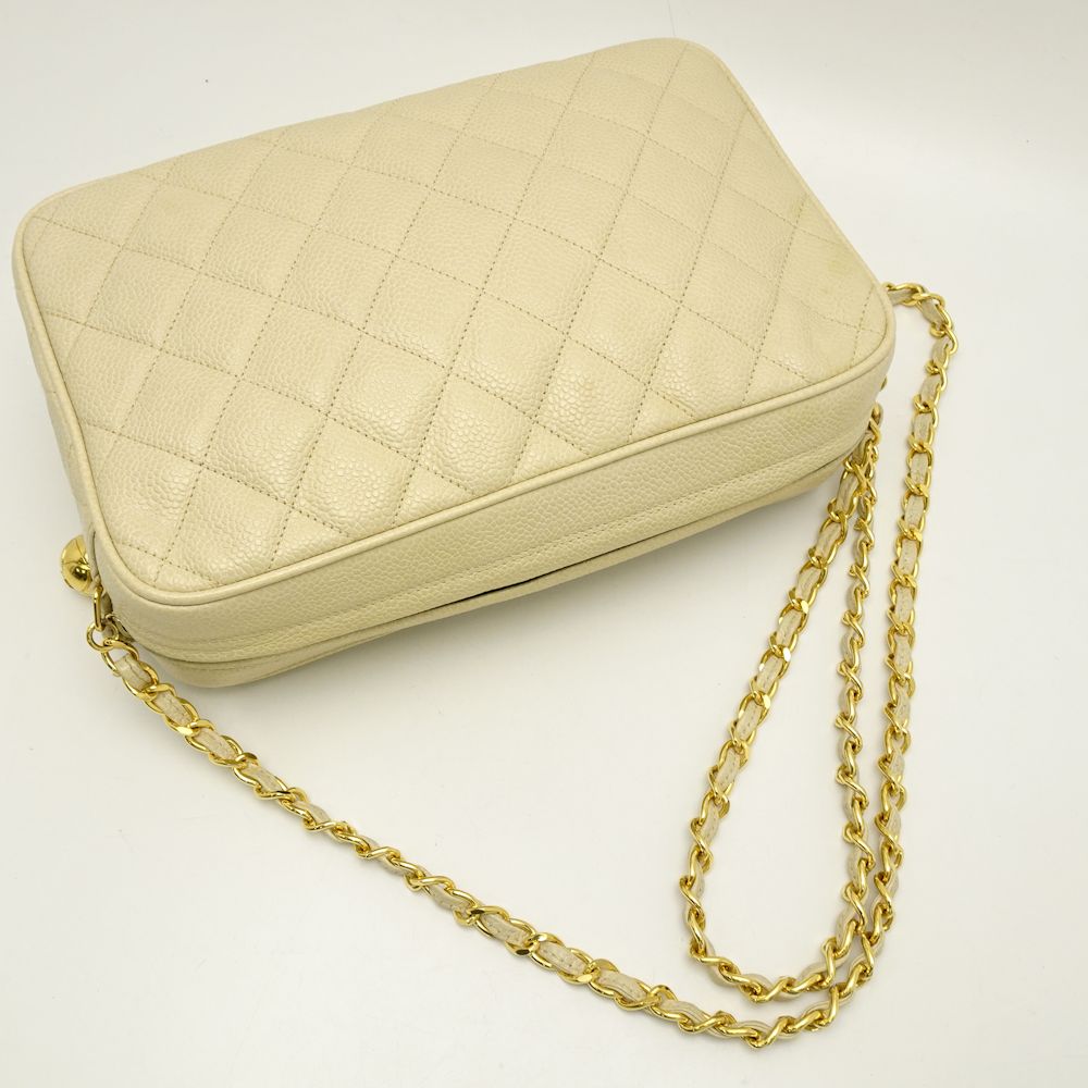 Chanel Chain Shoulder Bag Diagonal Matelasse Caviar Skin Ivory