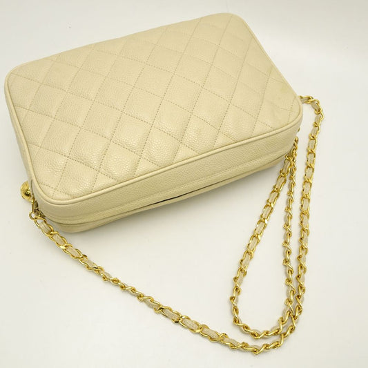 Chanel Chain Shoulder Bag Diagonal Matelasse Caviar Skin Ivory