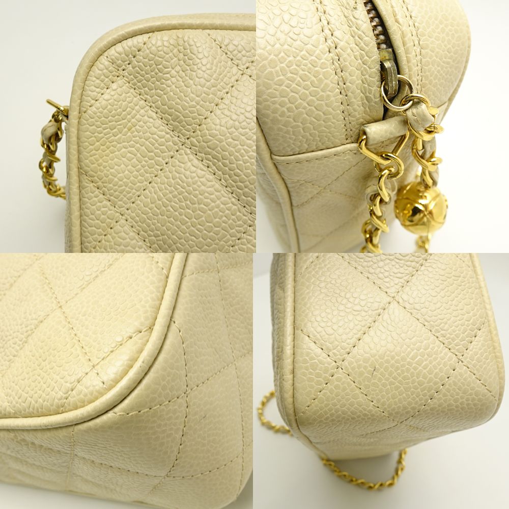 Chanel Chain Shoulder Bag Diagonal Matelasse Caviar Skin Ivory