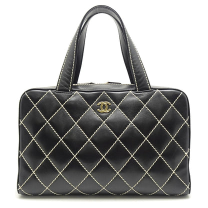 Chanel Mini Boston Bag Handbag Wild Stitch Lambskin Black