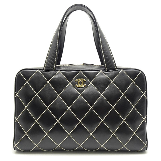 Chanel Mini Boston Bag Handbag Wild Stitch Lambskin Black