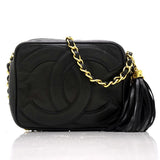 Chanel Chain Shoulder Bag Crossbody Leather Black Fringe