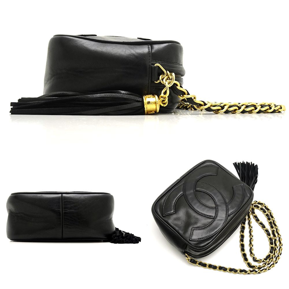Chanel Chain Shoulder Bag Crossbody Leather Black Fringe