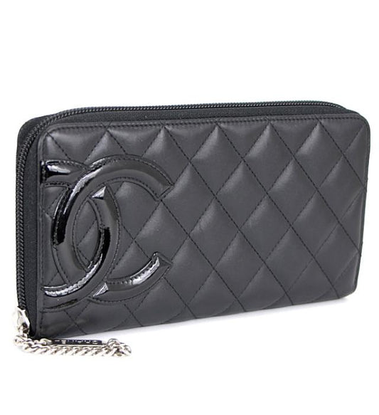 Chanel Cambon Round Fastener Long Wallet Black Leather