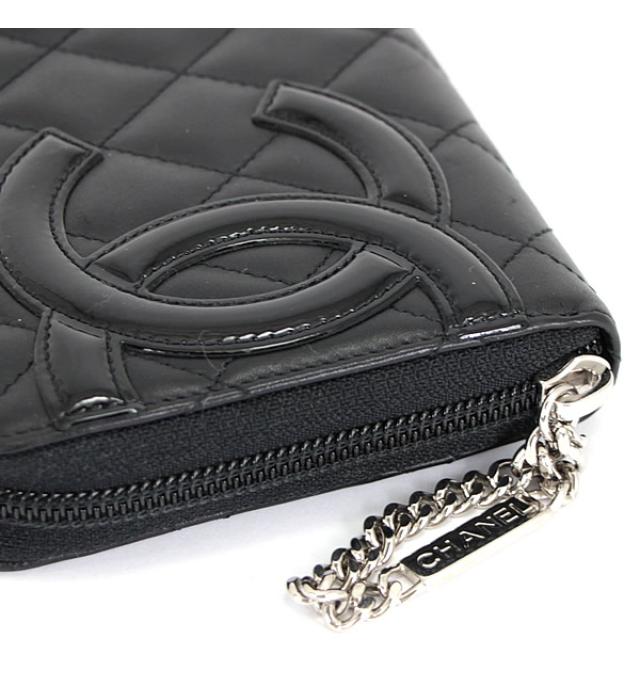 Chanel Cambon Round Fastener Long Wallet Black Leather