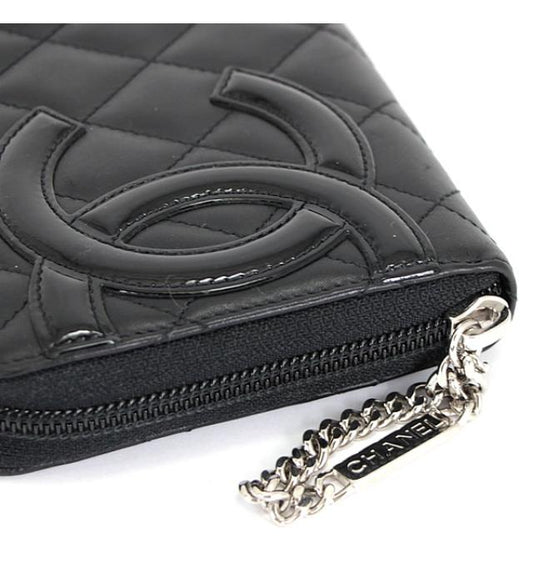 Chanel Cambon Round Fastener Long Wallet Black Leather