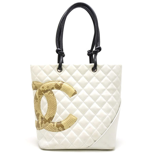 Chanel Cambon Line Tote Bag Lambskin Python White