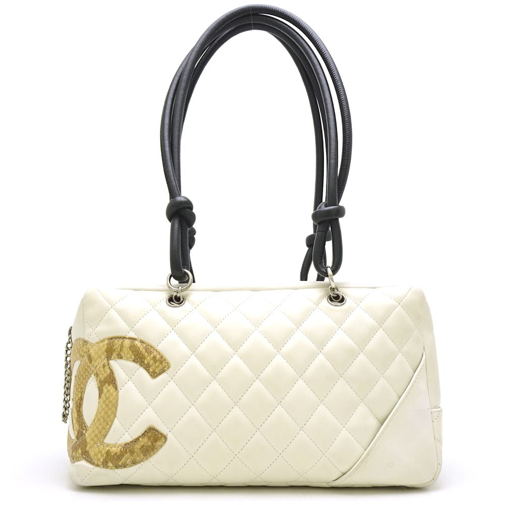 Chanel Cambon Line Bowling Bag Leather x Python White