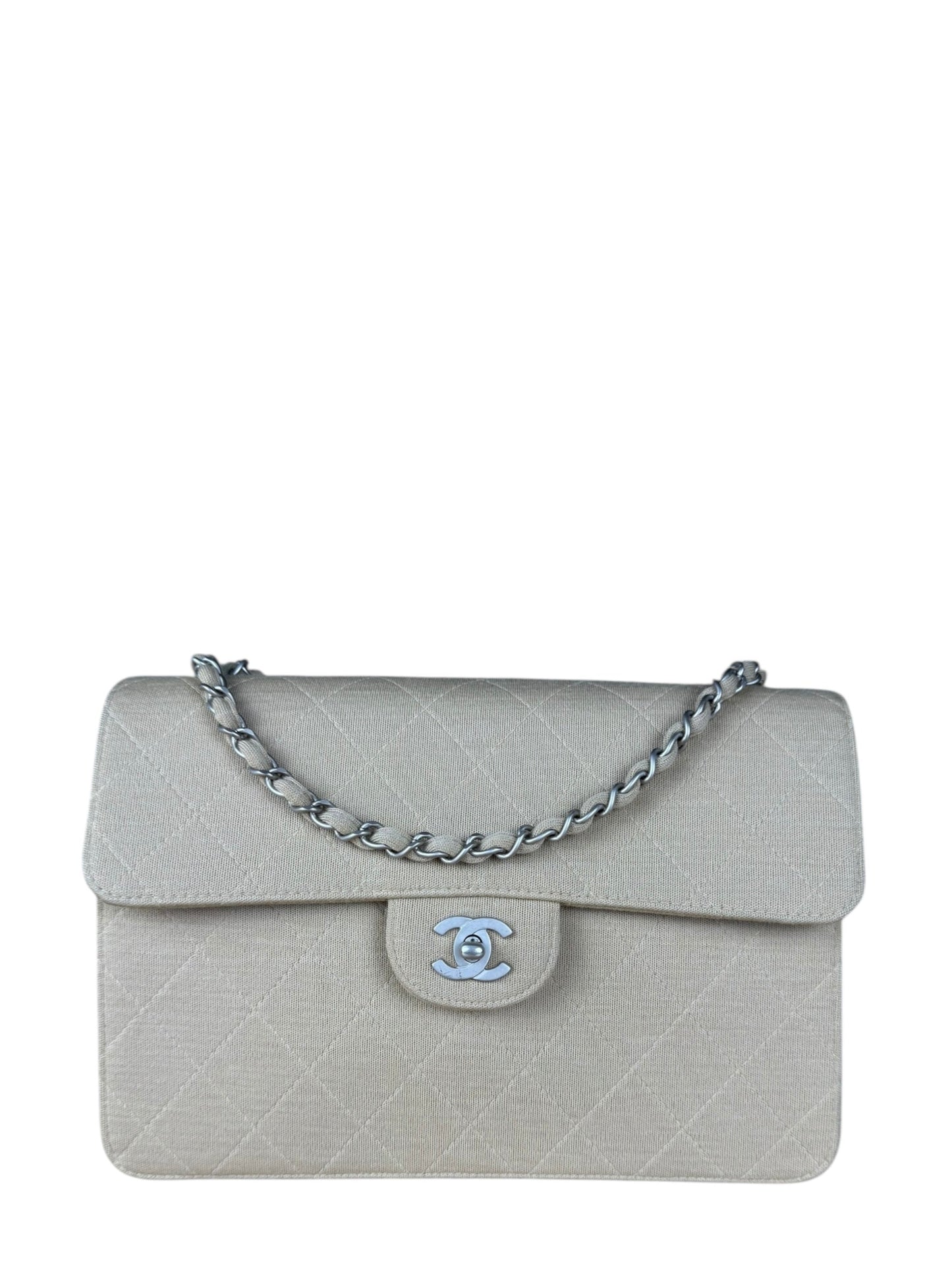 Chanel Beige Quilted Canvas Chain Flap Bag 1998