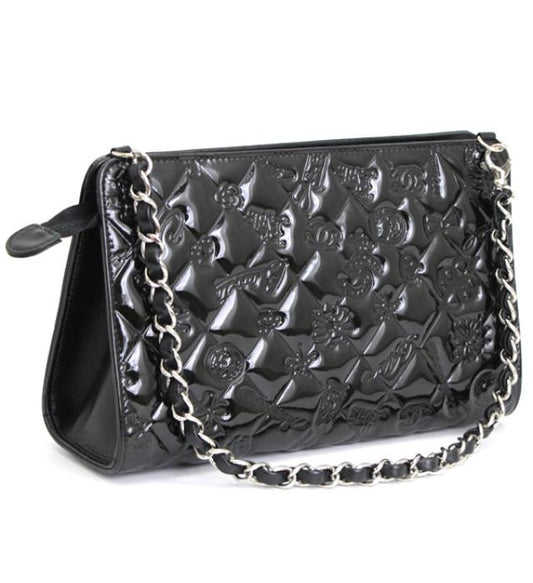 Chanel Matelasse Icon Chain Handbag Pouch Patent Black