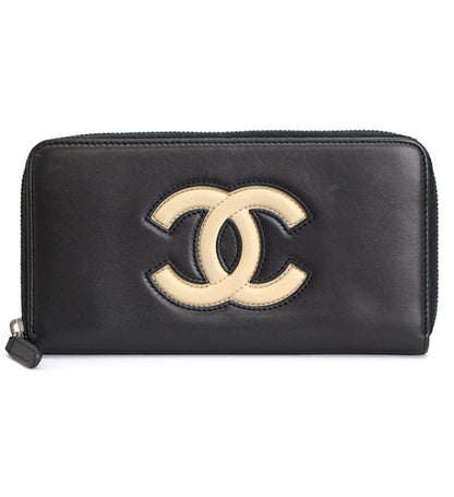 Chanel Here Mark Round Fastener Long Wallet Black Leather