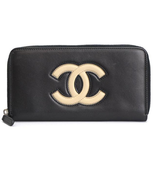 Chanel Here Mark Round Fastener Long Wallet Black Leather