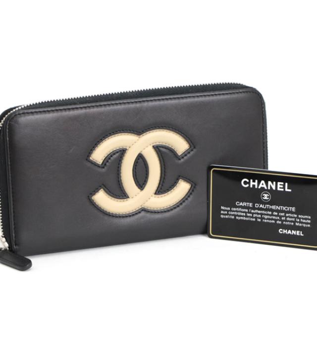 Chanel Here Mark Round Fastener Long Wallet Black Leather