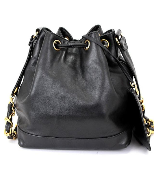Chanel Drawstring Purse Chain Shoulder Lamb Black