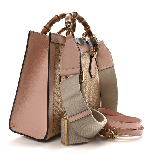 Amelia Raffia Textured Dollar Calfskin GG Monogram Small Diana Tote Bag Wild Rose Fuxia Fluo