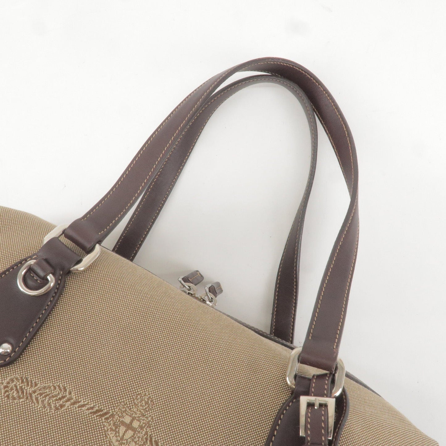 Prada Logo Jacquard Leather Boston Bag Beige Brown BR3461