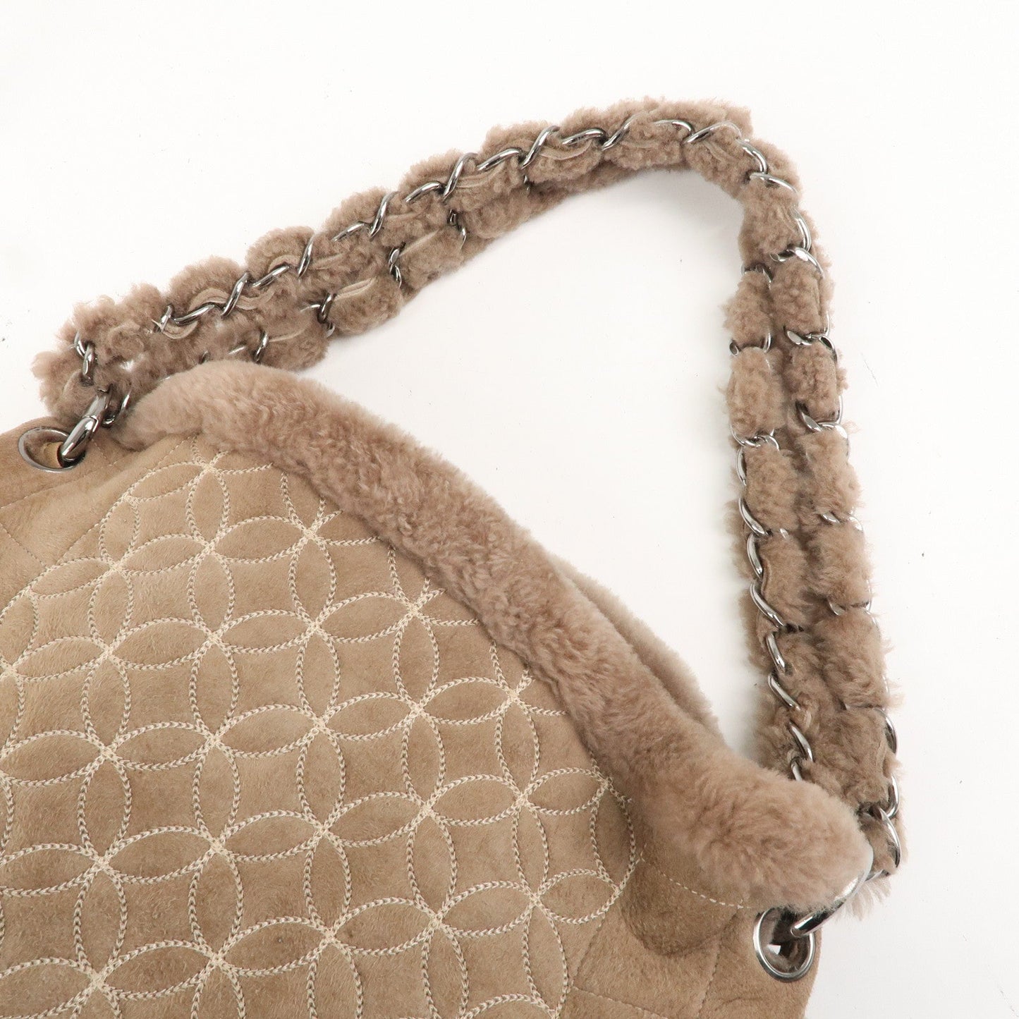 CHANEL Nubuck Fur Leather Shoulder Bag Hand Bag Beige