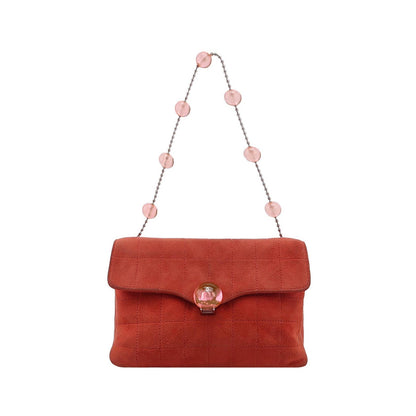 Chanel Coral Red Suede Flap Envelop Bag   Square Quilted Beads Strap