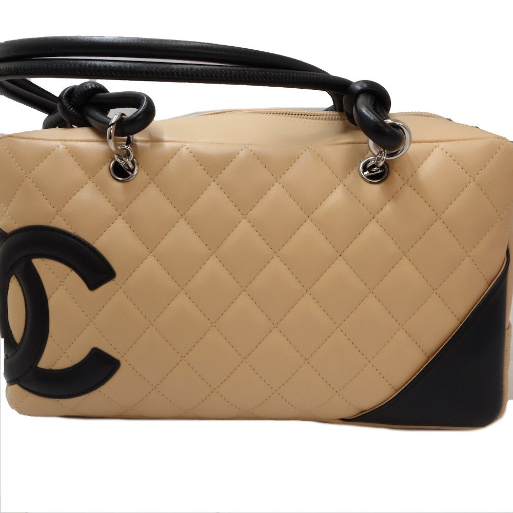 Chanel Cambon Bowling Shoulder Bag Leather Beige Black