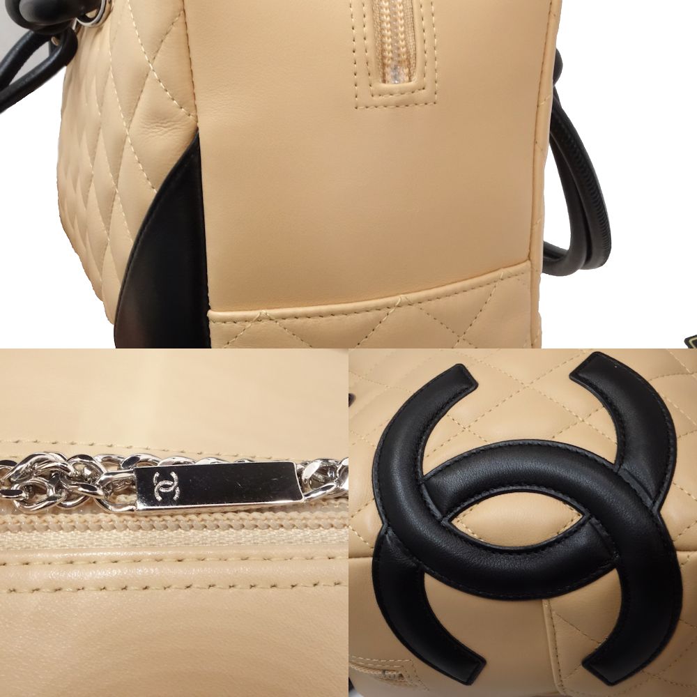 Chanel Cambon Bowling Shoulder Bag Leather Beige Black