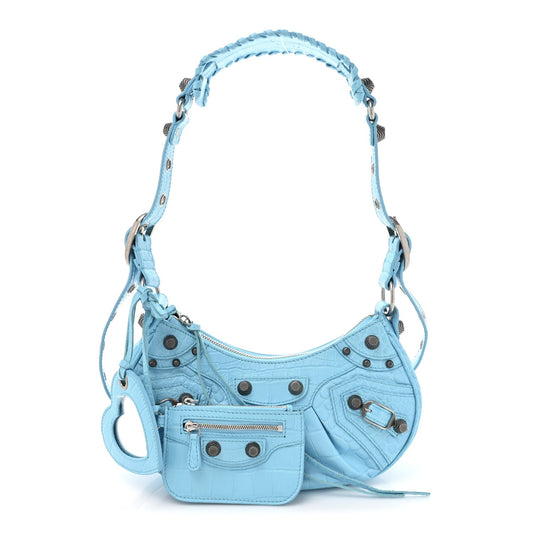 Balenciaga Extra Supple Calfskin Crocodile Embossed Le Cagole Shoulder Bag XS Sky Blue