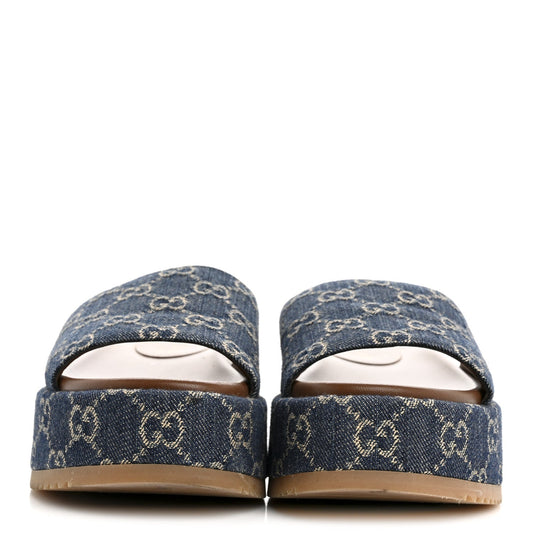Amelia New Denim GG Monogram Angelina Platform 55mm Slide Sandals 36.5 Blue Tea