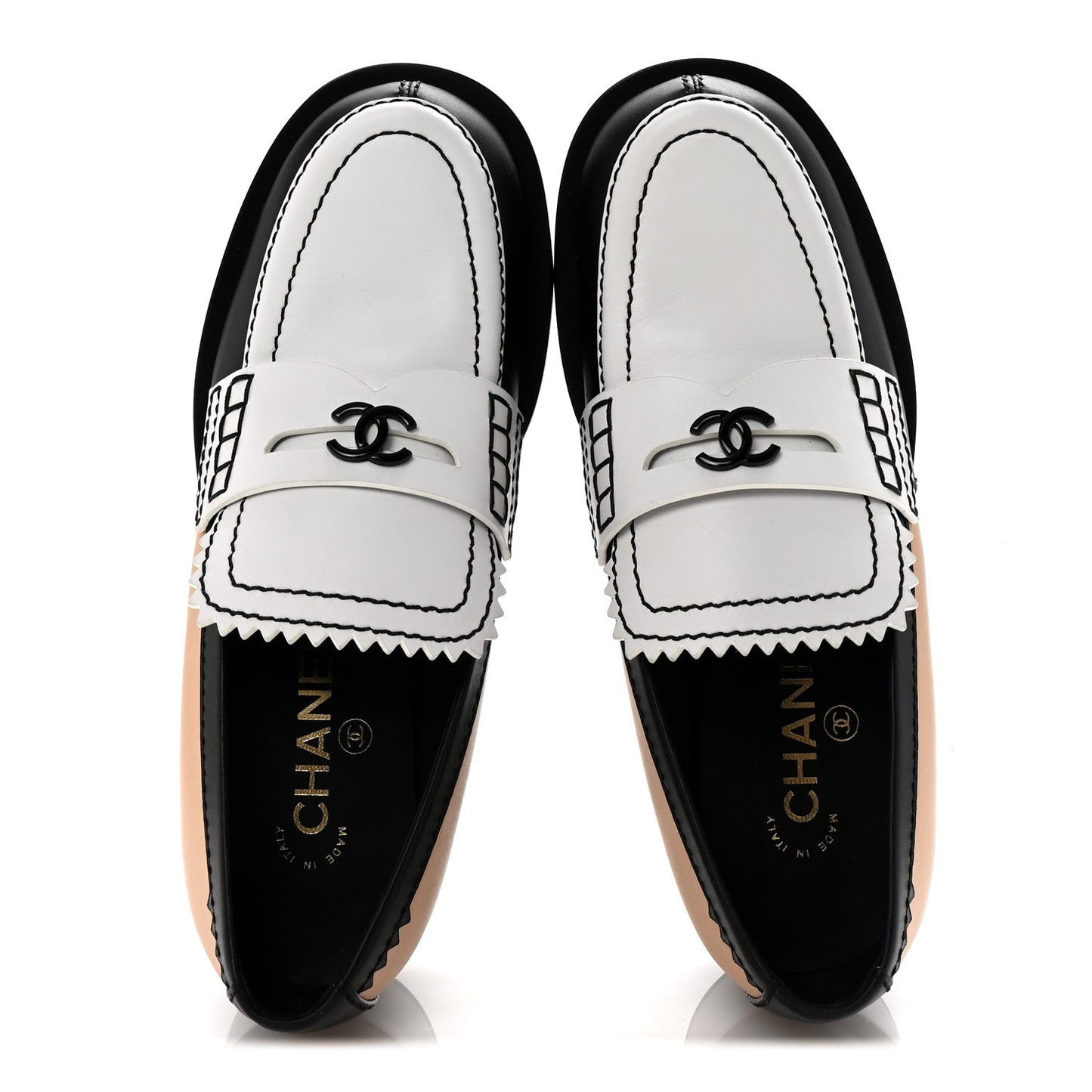 Amelia Calfskin CC Loafers 38 Black White Beige